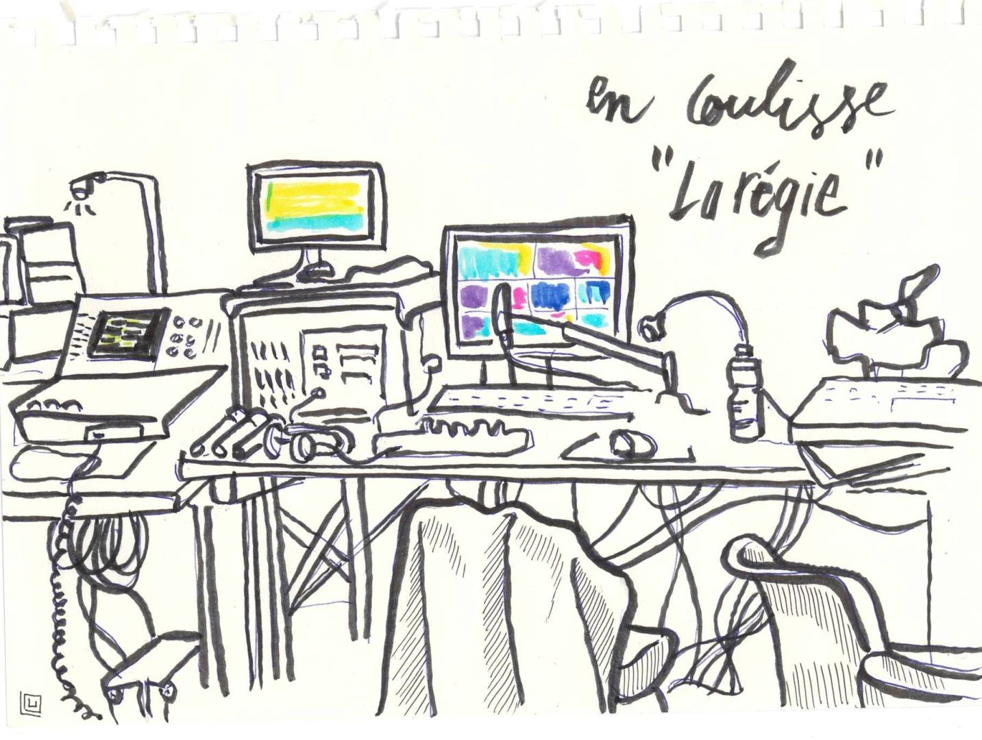 Dessin rapide avec des écrans colorés et toutes sortes de claviers et d'appareils sur un bureau.